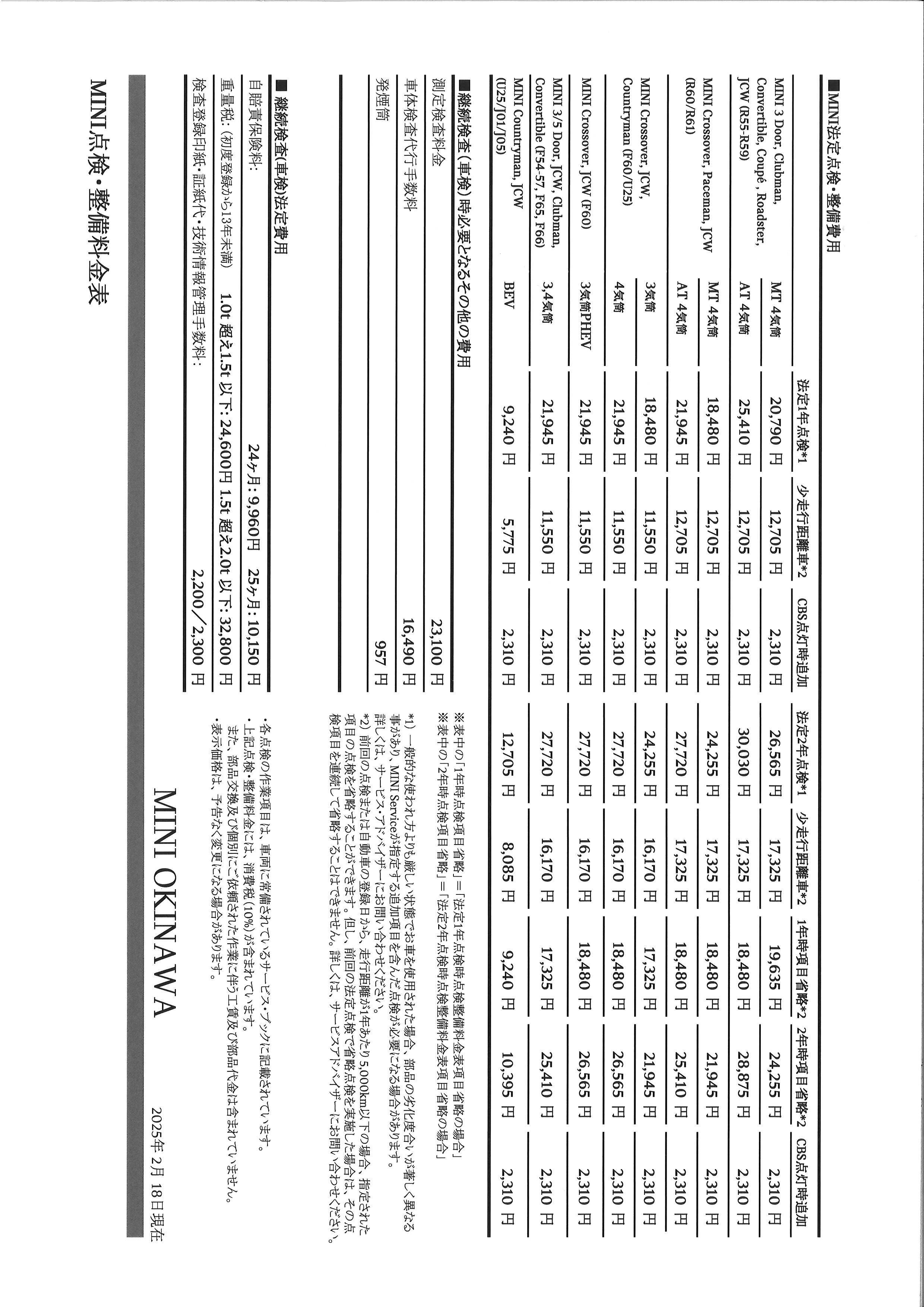 点検整備料金表 | MINI 沖縄 / MINI NEXT 沖縄